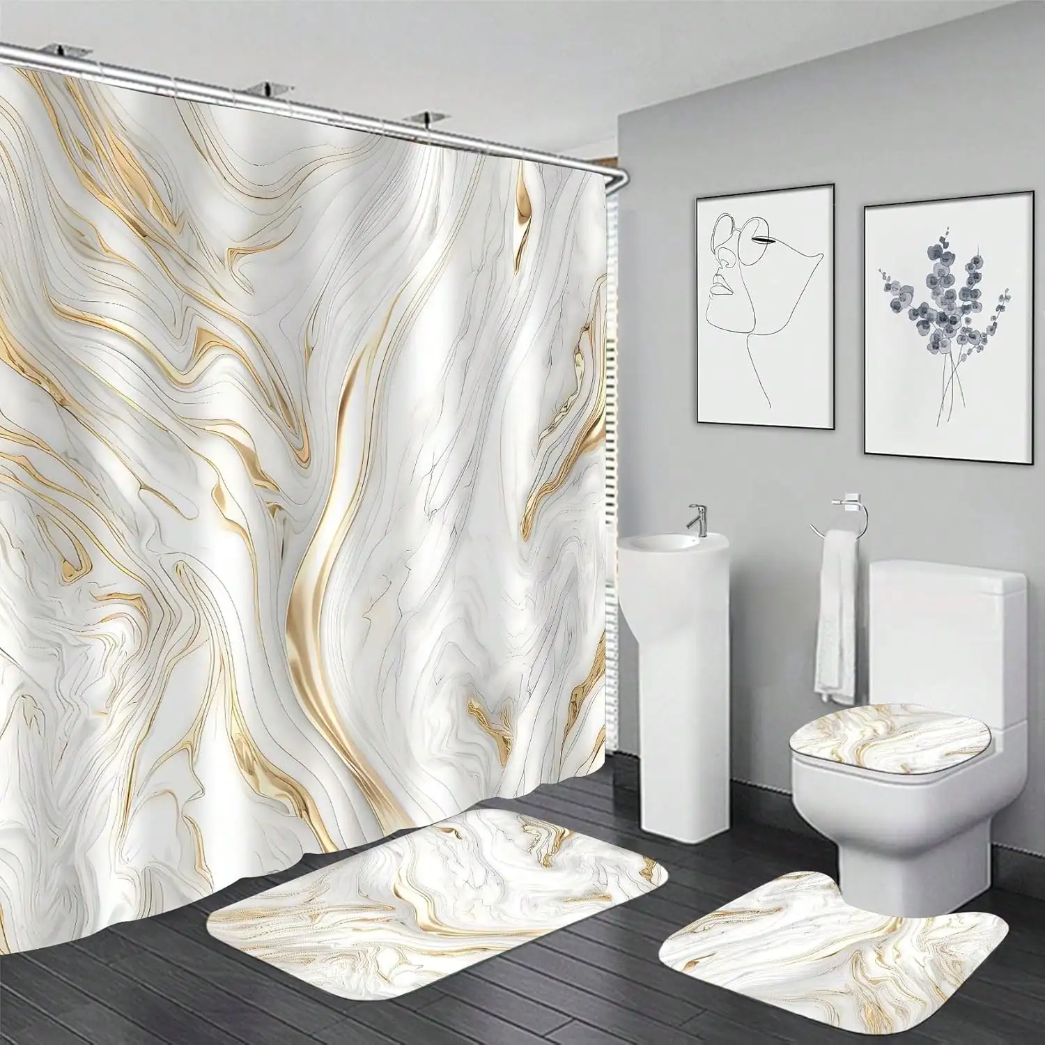 1/4pcs White Marble Shower Curtain Set Gold Bathroom Sets with Shower Curtain and Rugs Modern Abstract Bathroom Decor Accessories Bathroom Rugs Toilet Lid Cover with Hooks
1/4pcs White Marble Shower Curtain Set Gold Bathroom Sets with Shower Curtain and Rugs Modern Abstract Bathroom Decor Accessories Bathroom Rugs Toilet Lid Cover with Hooks