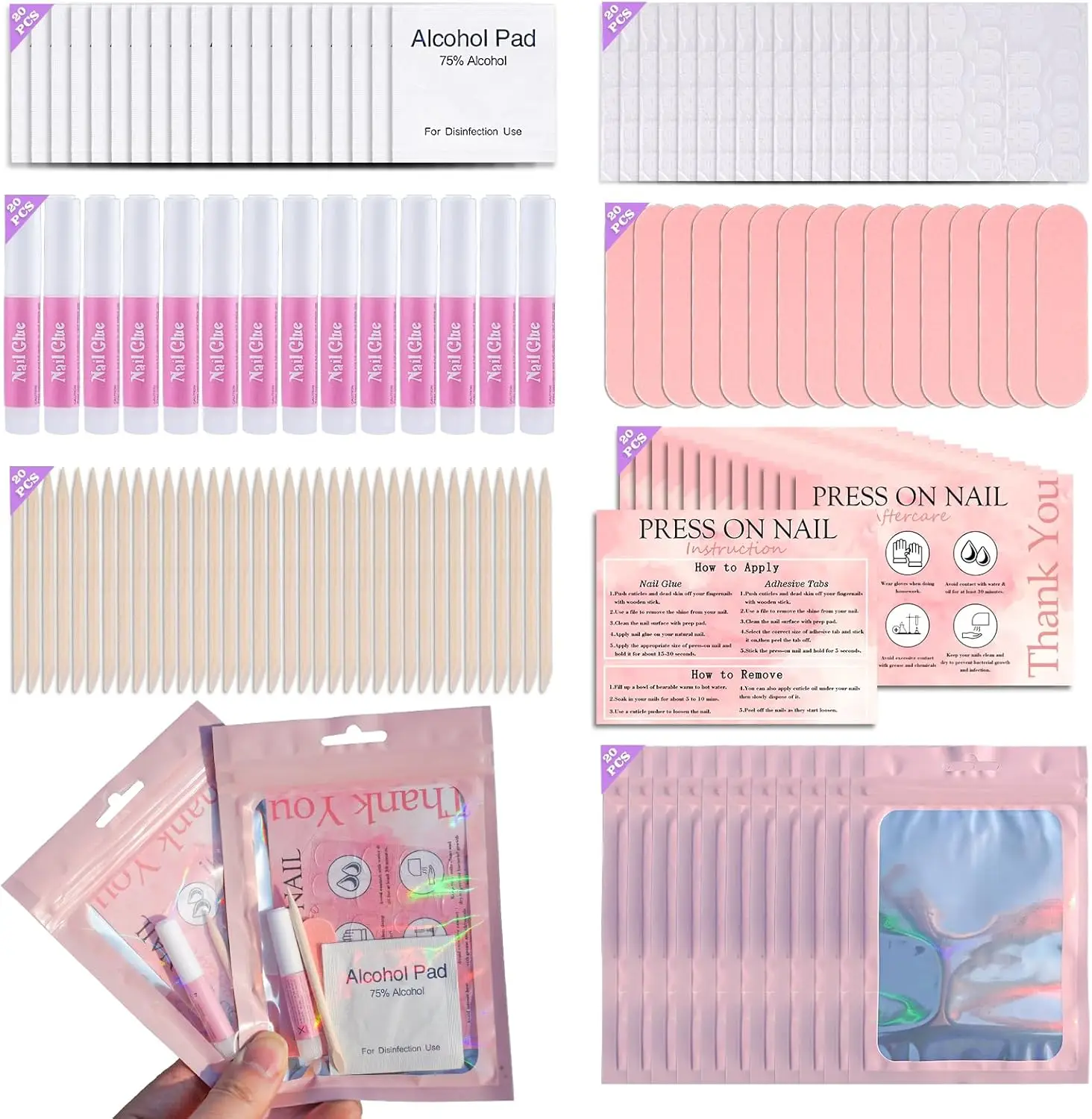 140Pcs Disposable Manicure Kit: Nail File, Glue, Tabs, Sticks, Prep Pads for Salon & Home Use
140Pcs Disposable Manicure Kit: Nail File, Glue, Tabs, Sticks, Prep Pads for Salon & Home Use