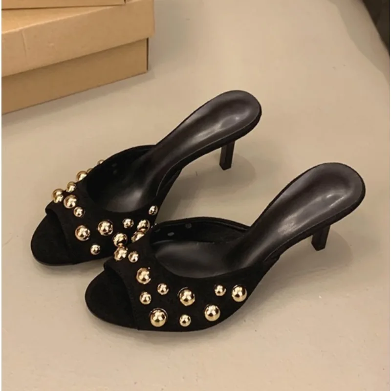 Studded Peep Toe Mules Stiletto Slip on Gold Rivets Decor Classic Sexy Women Summer Sandals Dress Party Daily Casual Single Shoe
Studded Peep Toe Mules Stiletto Slip on Gold Rivets Decor Classic Sexy Women Summer Sandals Dress Party Daily Casual Single Shoe