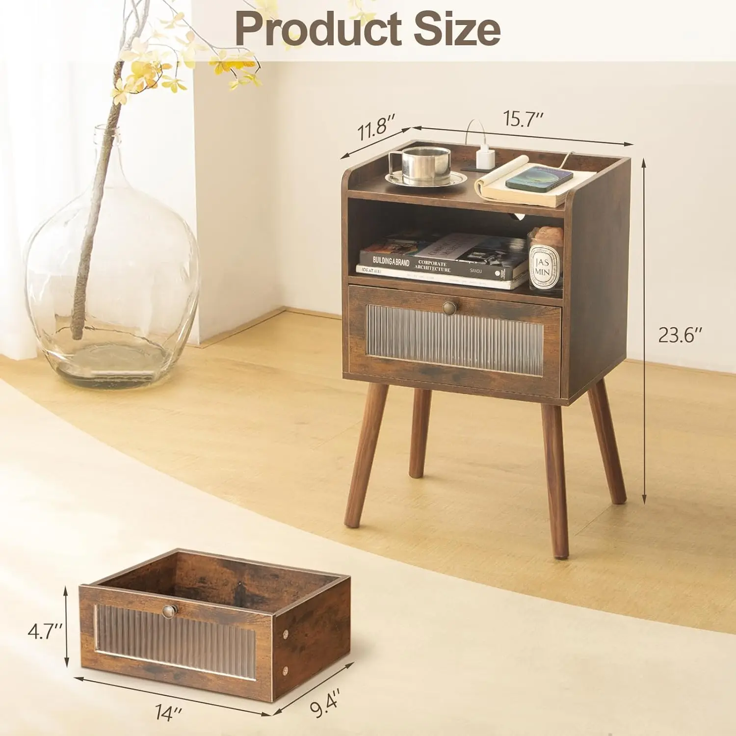 Awasen Mid Century Night Stand With Charging Station, Wood Bedside Table With Glass Drawer, Small Modern Nightstand End Side
Awasen Mid Century Night Stand With Charging Station, Wood Bedside Table With Glass Drawer, Small Modern Nightstand End Side