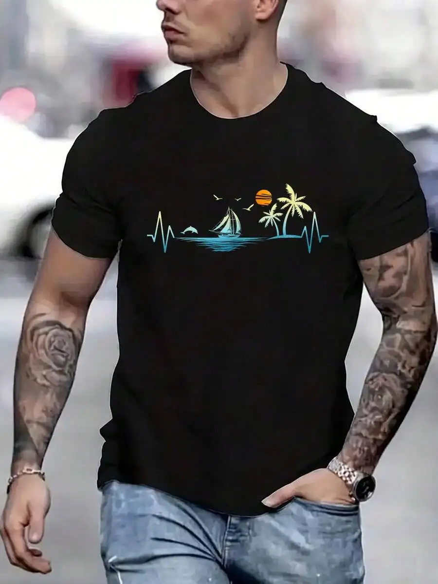 Mens Cotton T-Shirt With Heartbeat Sailboat Palm Tree Beach Print Casual Summer Tee
Mens Cotton T-Shirt With Heartbeat Sailboat Palm Tree Beach Print Casual Summer Tee