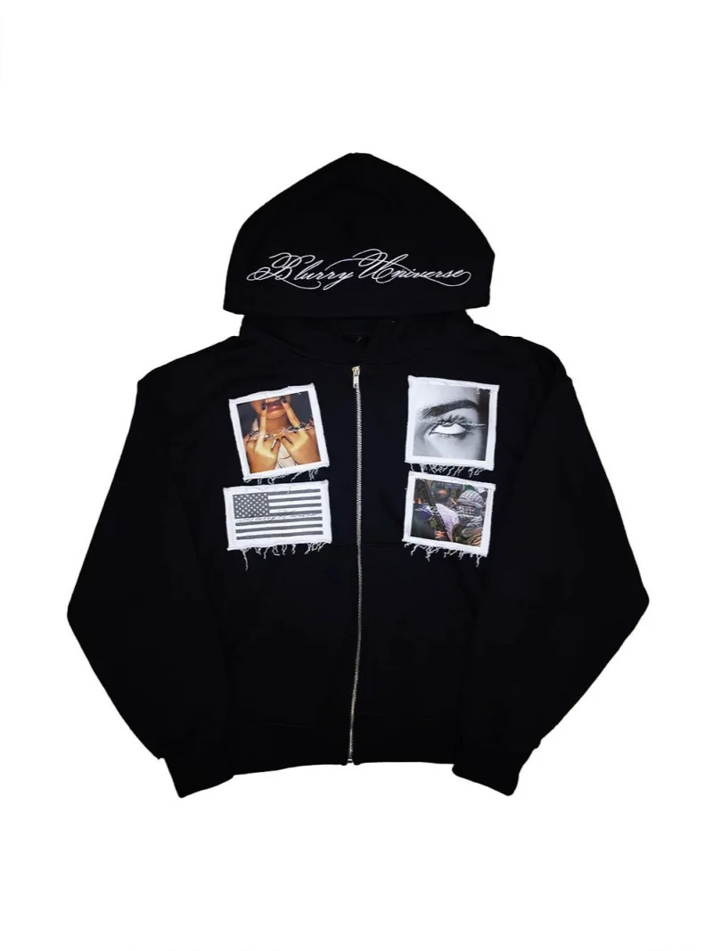 Женская толстовка на молнии с принтом в стиле пэчворк, черная, с эффектом потертости и рваными краями, в стиле Y2K, уличная мода, 2026
Женская толстовка на молнии с принтом в стиле пэчворк, черная, с эффектом потертости и рваными краями, в стиле Y2K, уличная мода, 2026