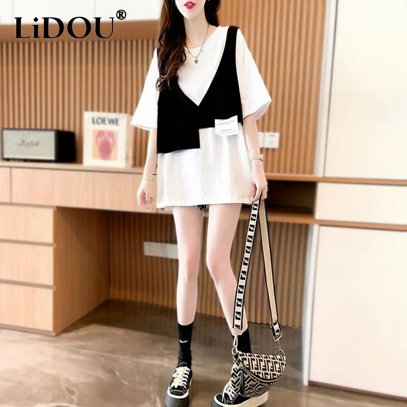 Summer Asymmetrical Fake Two Pieces Tops Female Round Neck Mid-length Casual Loose Pullovers Ladies Korean Style Fashion T-shirt
Summer Asymmetrical Fake Two Pieces Tops Female Round Neck Mid-length Casual Loose Pullovers Ladies Korean Style Fashion T-shirt