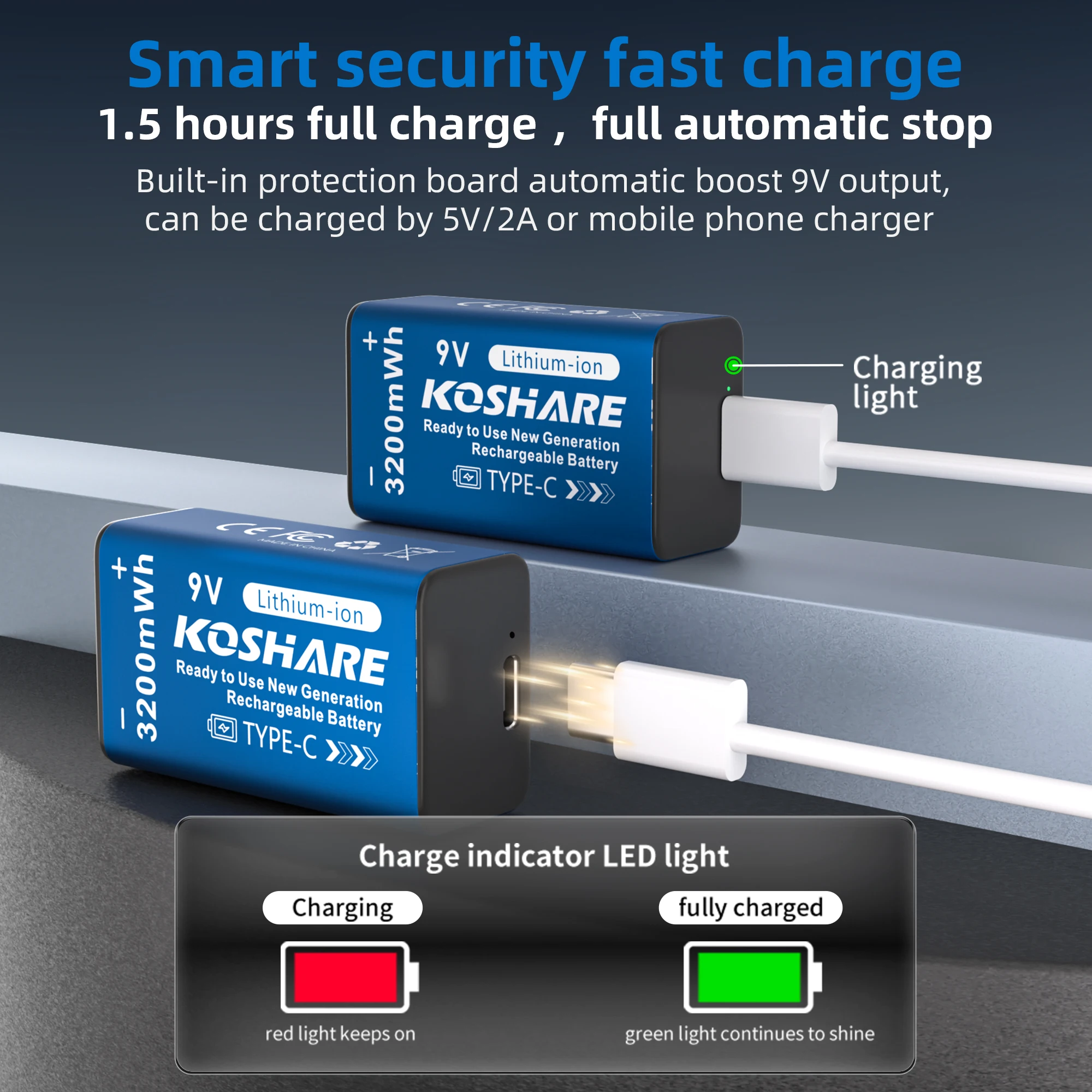 KOSHARE Rechargeable 9V Battery Pack Type C Smart USB Charging Lithium Ion Portable Battery for Electronics 
KOSHARE Rechargeable 9V Battery Pack Type C Smart USB Charging Lithium Ion Portable Battery for Electronics