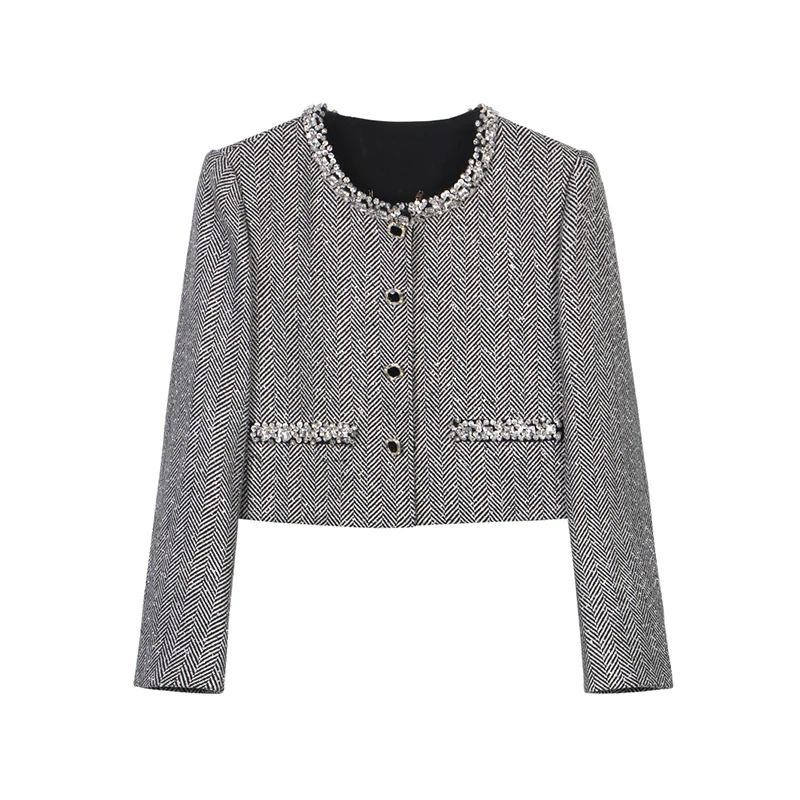 New product light luxury ladies bright star heavy industry diamond herringbone round neck single-breasted small fragrance jacket 
New product light luxury ladies bright star heavy industry diamond herringbone round neck single-breasted small fragrance jacket