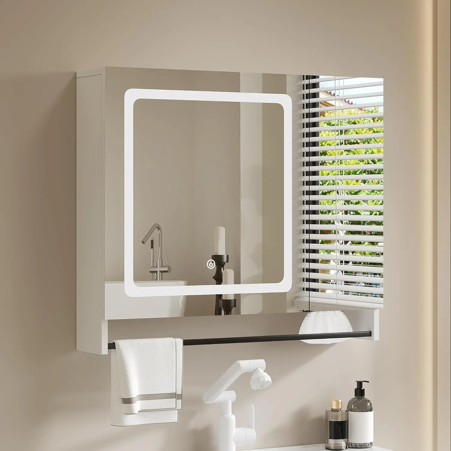 Modern LED Bathroom Mirror Cabinet with Adjustable Shelves and Towel Bar, White
Modern LED Bathroom Mirror Cabinet with Adjustable Shelves and Towel Bar, White