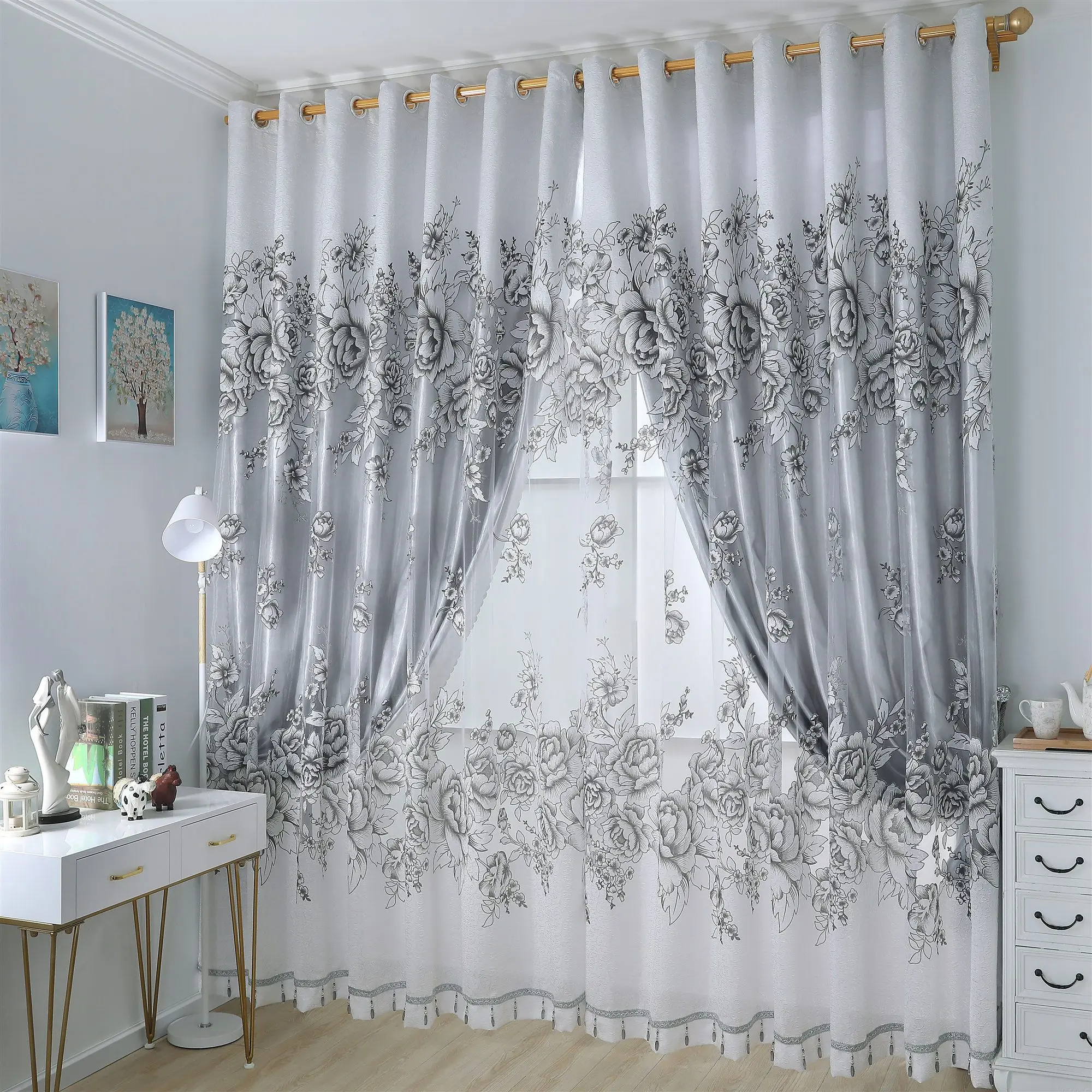 European Luxury Double Layer Curtain with Embroidered Floral & Sheer Voile Panels Window Drapes for Living Room/Bedroom
European Luxury Double Layer Curtain with Embroidered Floral & Sheer Voile Panels Window Drapes for Living Room/Bedroom