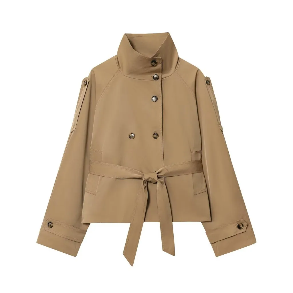 Women's Short Trench Coat Stand Collar Double-breasted Belted Jacket Khaki Casual Windbreaker with Waist Belt for Spring Autumn
Women's Short Trench Coat Stand Collar Double-breasted Belted Jacket Khaki Casual Windbreaker with Waist Belt for Spring Autumn
