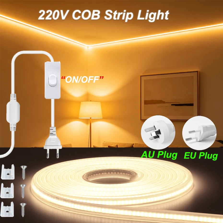 Super Bright 220V COB LED Strip Light 288LEDs/m IP65 Waterproof Flexible Tape with EU/AU Plug CW/NW/WW Colors 1m-30m Lighting
Super Bright 220V COB LED Strip Light 288LEDs/m IP65 Waterproof Flexible Tape with EU/AU Plug CW/NW/WW Colors 1m-30m Lighting