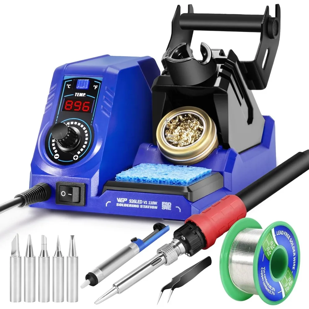926LED V1 110W Soldering Iron Station Kit with Solder Wire, 5 Soldering Tips, Tip Cleaner, Tweezers, Desoldering Pump
926LED V1 110W Soldering Iron Station Kit with Solder Wire, 5 Soldering Tips, Tip Cleaner, Tweezers, Desoldering Pump