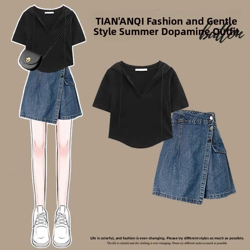 Slimming Short Sleeve T-Shirt And Denim Skirt Set for Short Women Summer Fashionable Two-Piece Suit plus Size Women's Clothing
Slimming Short Sleeve T-Shirt And Denim Skirt Set for Short Women Summer Fashionable Two-Piece Suit plus Size Women's Clothing