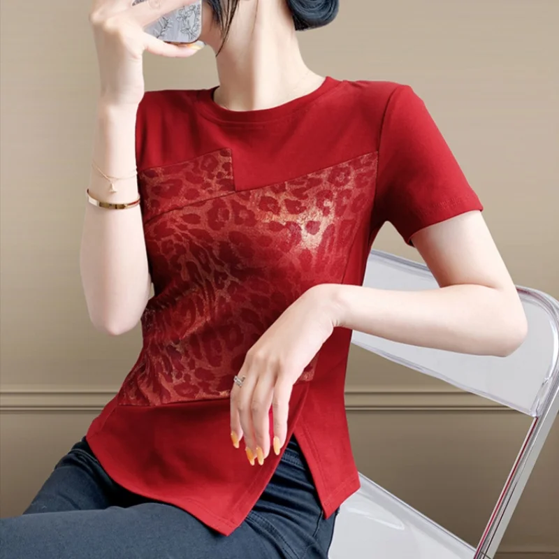 High Quality Leopard Print Patchwork Cotton Slim Top Women's Summer O-neck Short Sleeve Designer Irregular T-shirt Tees
High Quality Leopard Print Patchwork Cotton Slim Top Women's Summer O-neck Short Sleeve Designer Irregular T-shirt Tees