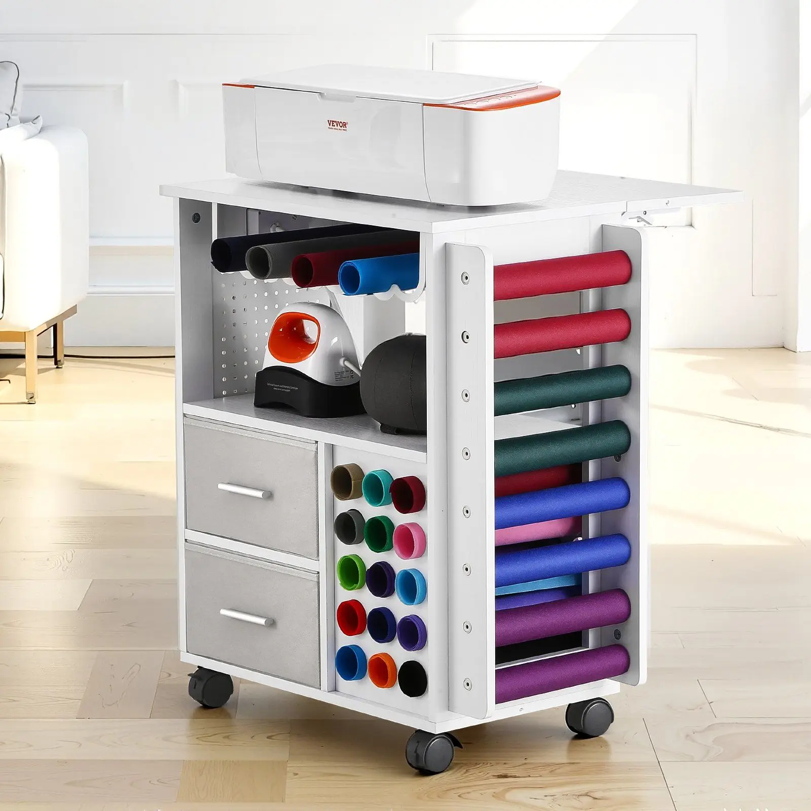 Rolling Craft Cart and Storage Table with 15 Vinyl Roll Holders 2 Drawers White
Rolling Craft Cart and Storage Table with 15 Vinyl Roll Holders 2 Drawers White