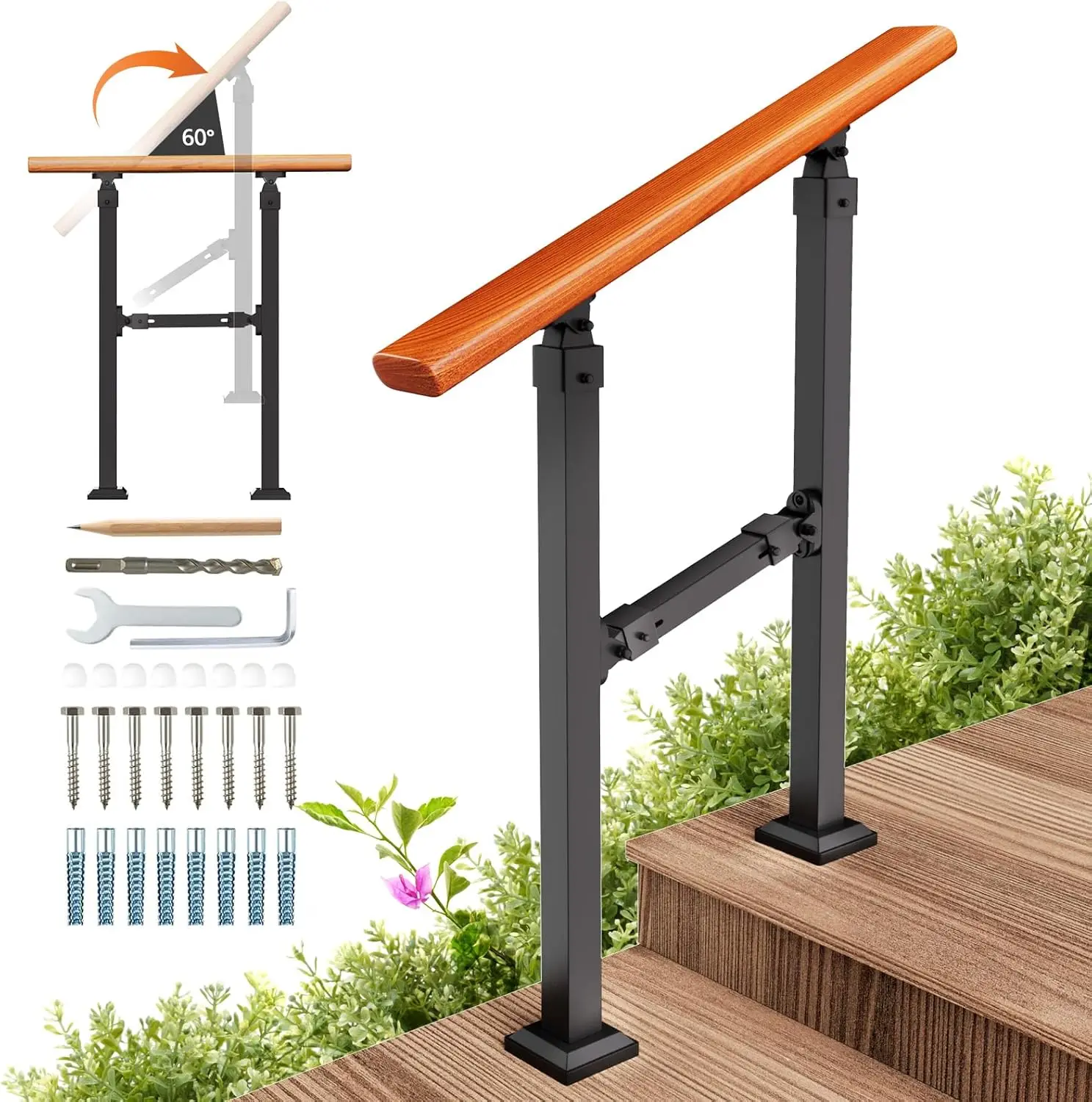 Metal Handrail with Wood Grain for Elderly, 2-Step Outdoor Stair Rails Kit for Concrete Steps, Indoor Porch Safety Support
Metal Handrail with Wood Grain for Elderly, 2-Step Outdoor Stair Rails Kit for Concrete Steps, Indoor Porch Safety Support