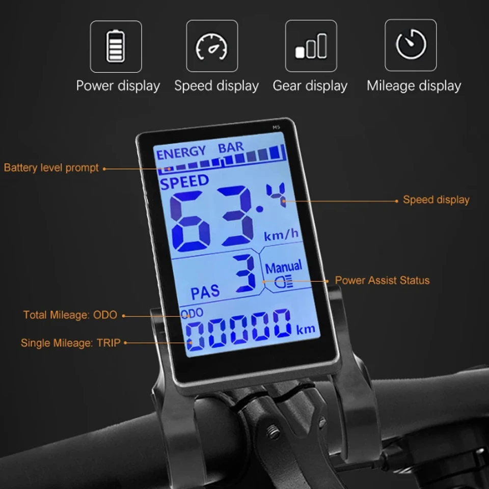 Ebike Display M5 24V-60V Aluminum Alloy Frame Cycling Computer Ebike LCD Display
Ebike Display M5 24V-60V Aluminum Alloy Frame Cycling Computer Ebike LCD Display