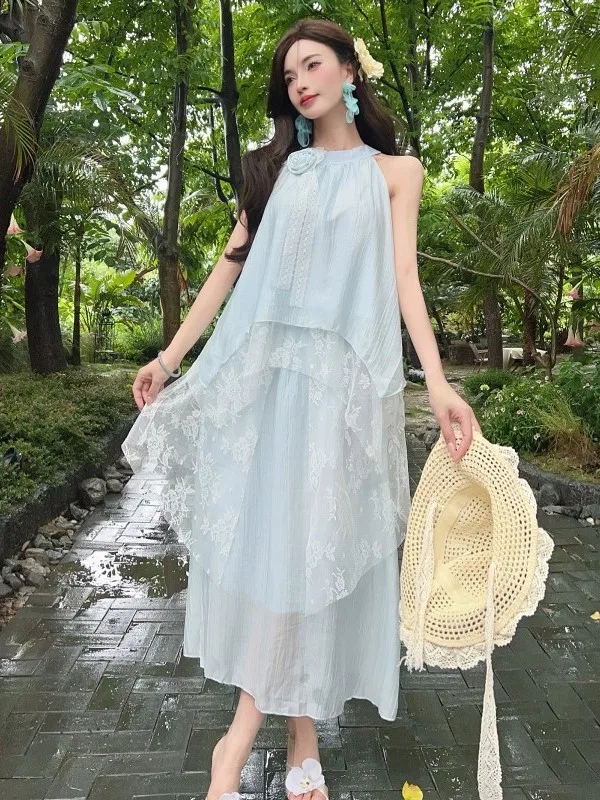 Summer New Style Loose Lace Sleeveless Neck Hanging Dress Beach Vacation Casual Fairy Mid-Length Women's Fashion Set
Summer New Style Loose Lace Sleeveless Neck Hanging Dress Beach Vacation Casual Fairy Mid-Length Women's Fashion Set