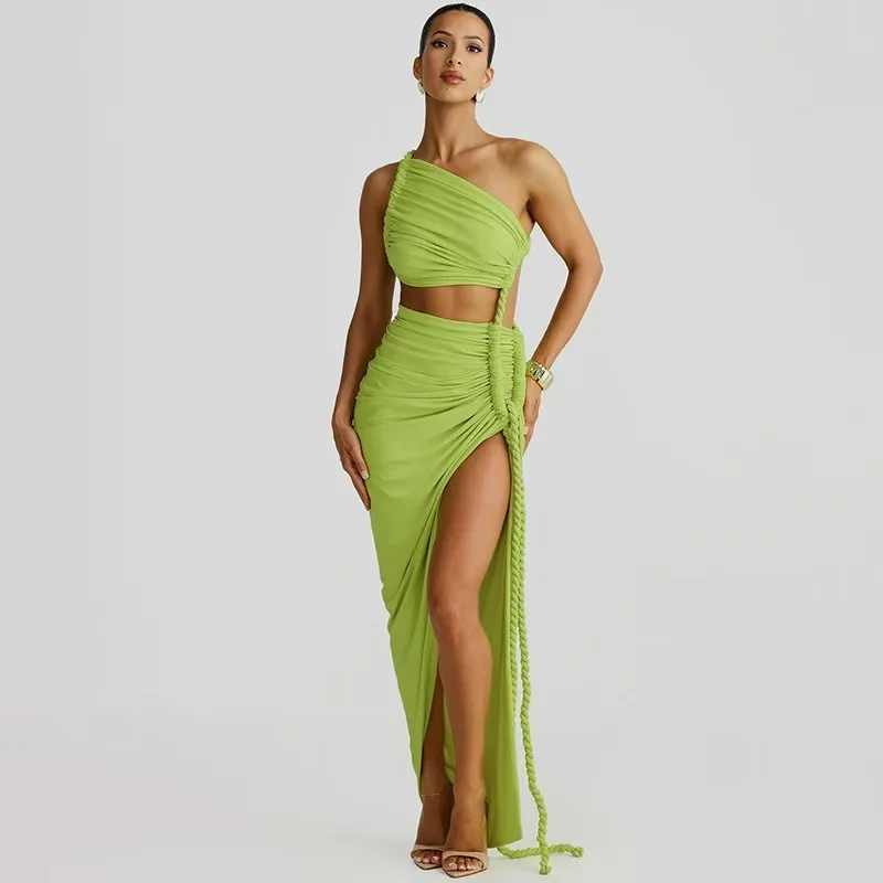 Summer New Design Asymmetrical One Shoulder Ruffle Bustier Dress Sexy Backless Split Long Dress With Rope Detail
Summer New Design Asymmetrical One Shoulder Ruffle Bustier Dress Sexy Backless Split Long Dress With Rope Detail