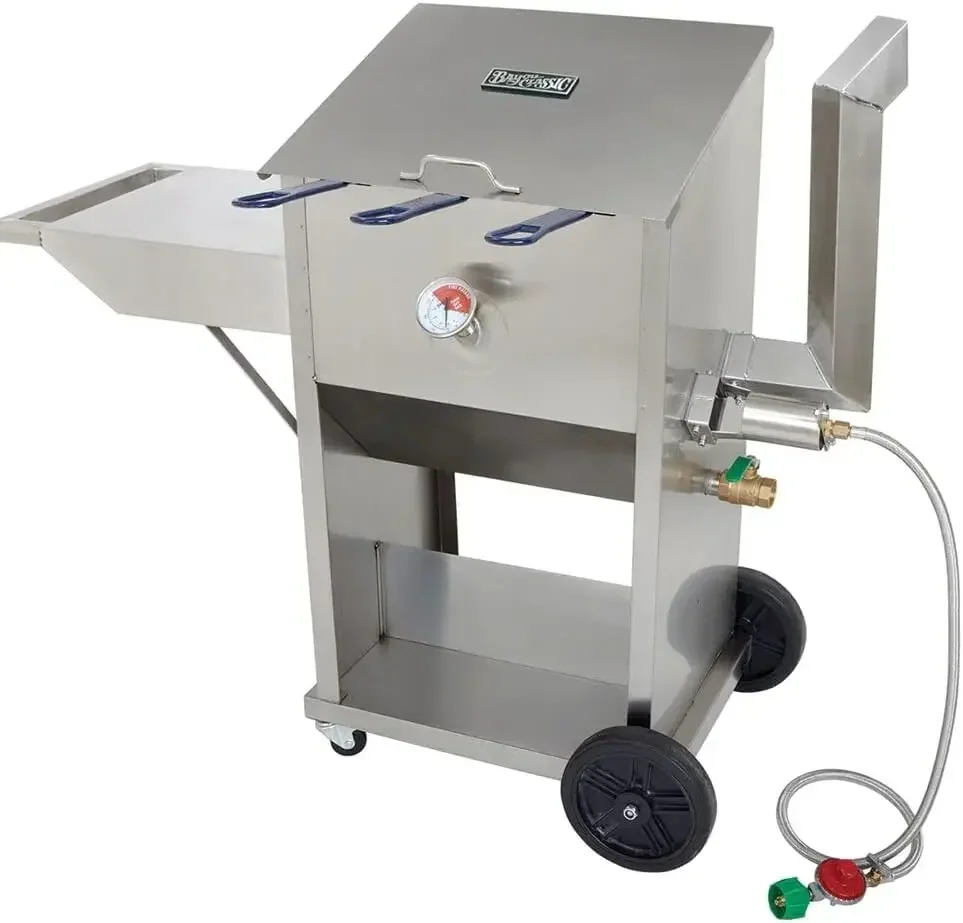 Bayou Classic 700-709 9-gal Stainless Bayou Fryer Features Stainless Cart w/Side Shelf Three Mesh Baskets Fry Thermometer 10-psi
Bayou Classic 700-709 9-gal Stainless Bayou Fryer Features Stainless Cart w/Side Shelf Three Mesh Baskets Fry Thermometer 10-psi