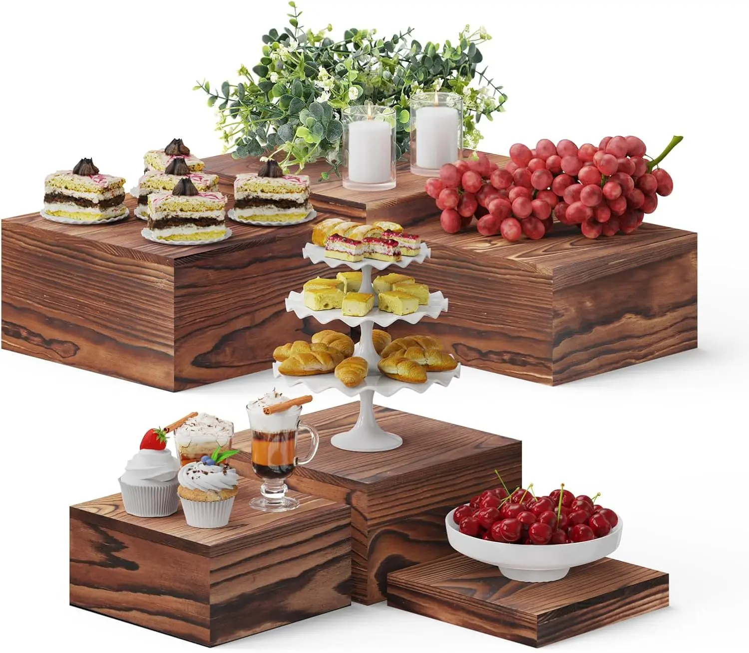 6 PCS Wooden Buffet Risers, Display Stands for Food with 67" Faux Greenery Vine (10",9",8",7",6",5")
6 PCS Wooden Buffet Risers, Display Stands for Food with 67" Faux Greenery Vine (10",9",8",7",6",5")