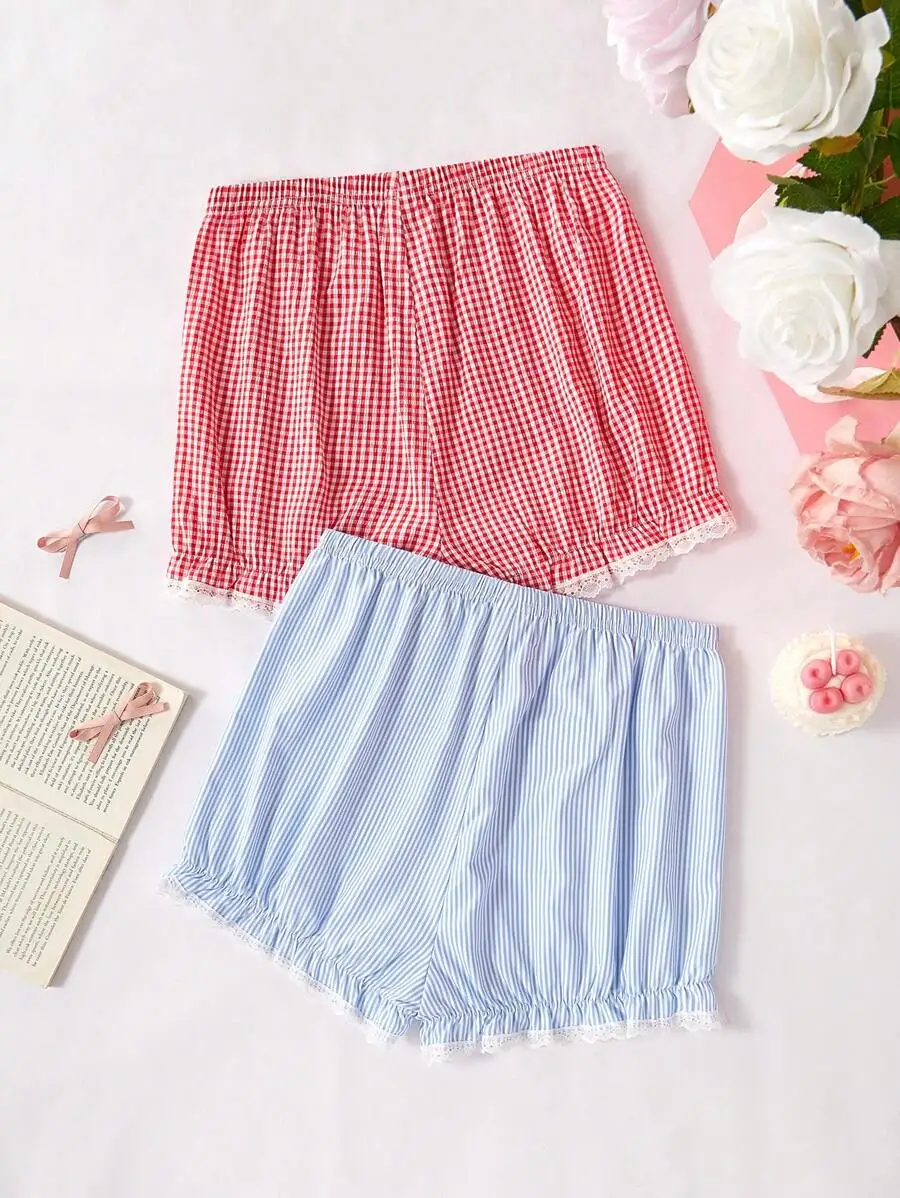 2pcs Set Red Plaid And Blue Striped Lace Trim Pajama Shorts For Women
2pcs Set Red Plaid And Blue Striped Lace Trim Pajama Shorts For Women
