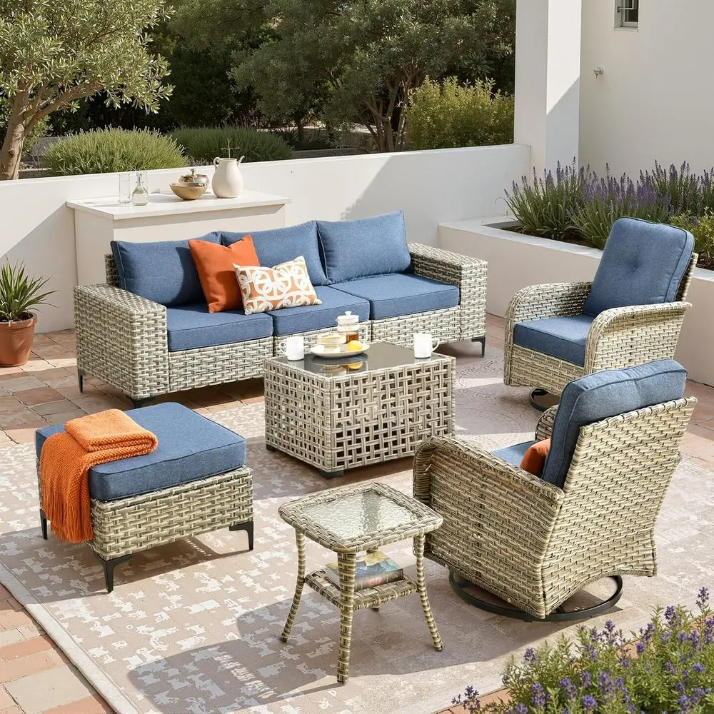 8-Piece Outdoor Wicker Furniture Set with Rocking Chairs, Coffee Table, and Sectional Sofa for Patio, Balcony, or Garden (Blue)
8-Piece Outdoor Wicker Furniture Set with Rocking Chairs, Coffee Table, and Sectional Sofa for Patio, Balcony, or Garden (Blue)