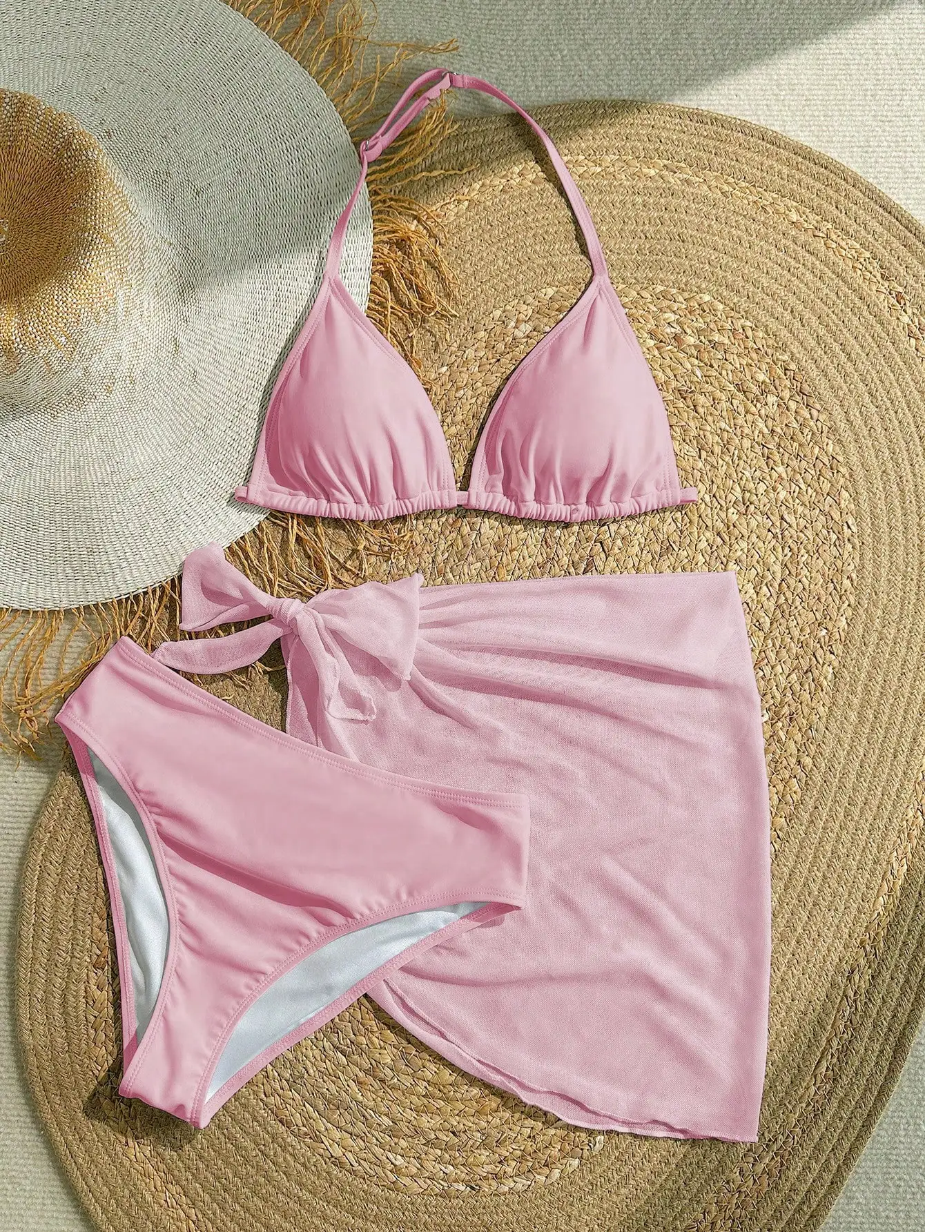 Pink 3 Piece Bikini Set With Bow Skirt Beach Swimwear For Women
Pink 3 Piece Bikini Set With Bow Skirt Beach Swimwear For Women