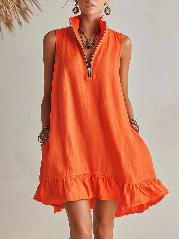 Summer Cotton-Linen Look V-Neck Half Zip Sleeveless Dress, Loose Ruffle Hem A-Line Mini Dress
Summer Cotton-Linen Look V-Neck Half Zip Sleeveless Dress, Loose Ruffle Hem A-Line Mini Dress
