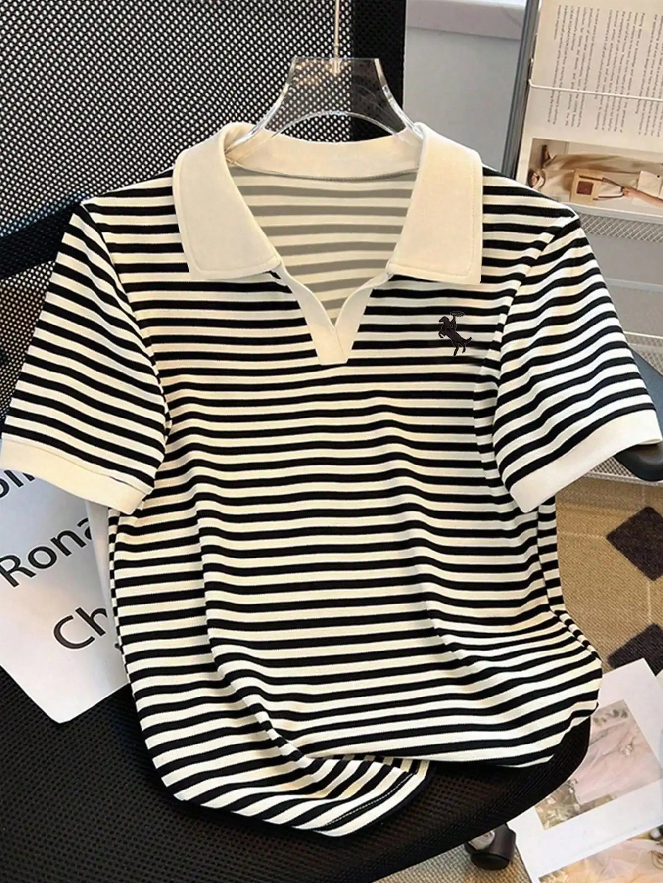 Women's Striped Polo Collar Short Sleeve T-Shirt, Casual Summer Top with Embroidered Logo
Women's Striped Polo Collar Short Sleeve T-Shirt, Casual Summer Top with Embroidered Logo