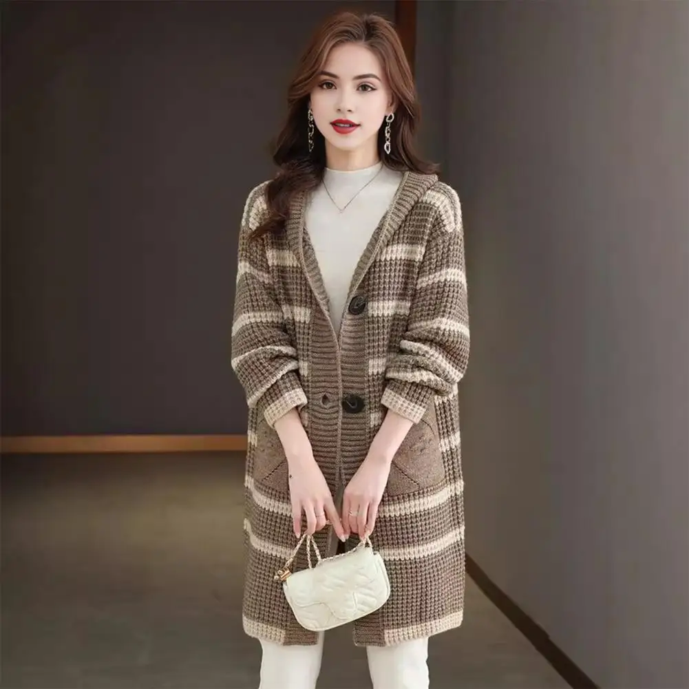 Knit Jacket Striped Print Hooded Knitting Coat with Pockets for Women Loose Fit Winter Outwear Long Sleeve Sweater Coat Soft
Knit Jacket Striped Print Hooded Knitting Coat with Pockets for Women Loose Fit Winter Outwear Long Sleeve Sweater Coat Soft