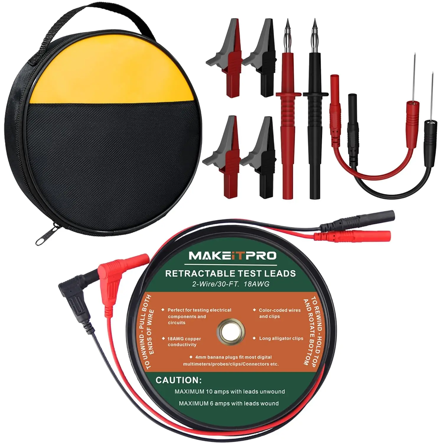 30FT 18AWG Retractable Test Leads with Alligator Clips and Cable Bag for Electrical Testing
30FT 18AWG Retractable Test Leads with Alligator Clips and Cable Bag for Electrical Testing