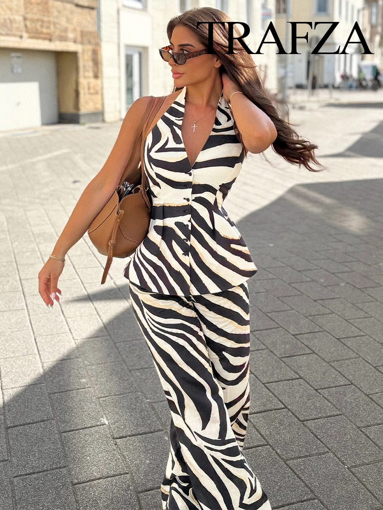 TRAFZA Women Summer Holiday Pant Set Sexy Single Breasted Sleeveless Backless Slim Top+Elegant High Waist Zipper Loose Long Pant
TRAFZA Women Summer Holiday Pant Set Sexy Single Breasted Sleeveless Backless Slim Top+Elegant High Waist Zipper Loose Long Pant