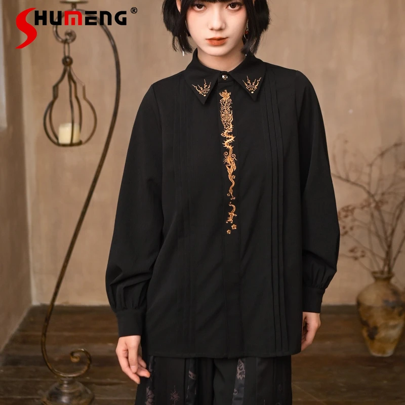 New Chinese Style Embroidered Stand Collar Shirt With Han Elements Design Dark Black Single-breasted Long-sleeves Blouse Ladies
New Chinese Style Embroidered Stand Collar Shirt With Han Elements Design Dark Black Single-breasted Long-sleeves Blouse Ladies