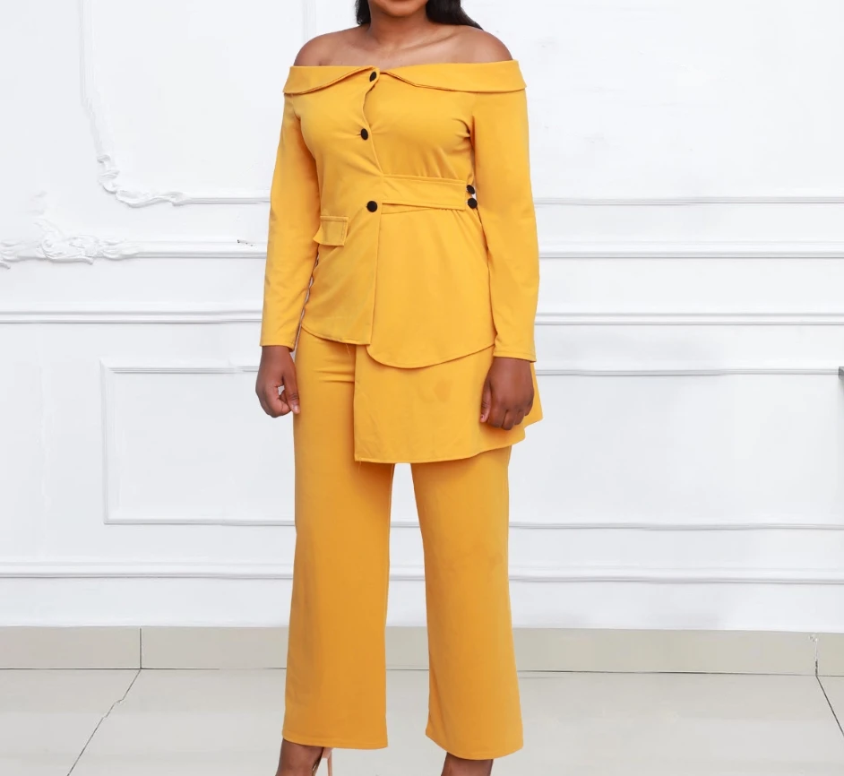Pants Set Women 2 Piece Off Shoulder Long Sleeves Sexy Button Design Coat Top and Commuting Temperament Casual Office Pants Set
Pants Set Women 2 Piece Off Shoulder Long Sleeves Sexy Button Design Coat Top and Commuting Temperament Casual Office Pants Set
