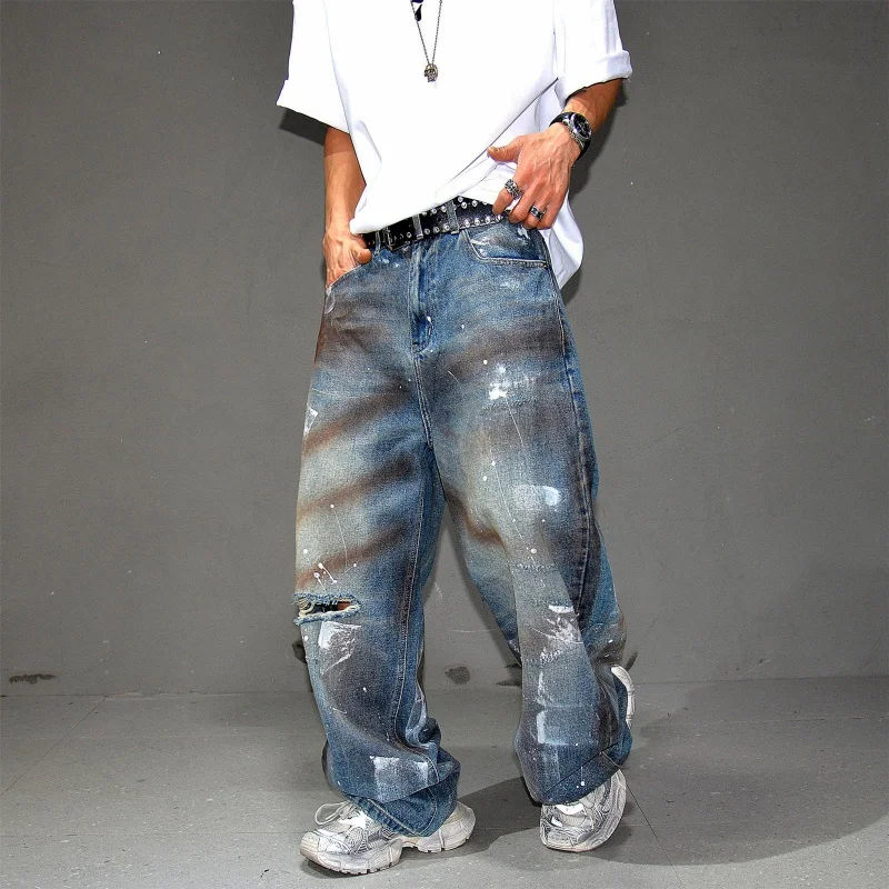 Men Vibe American Vintage Colorful Ripped Denim Pants with Hip Hop Graffiti Pattern, Loose Straight Cut, Wide Legs, Versatile fo
Men Vibe American Vintage Colorful Ripped Denim Pants with Hip Hop Graffiti Pattern, Loose Straight Cut, Wide Legs, Versatile fo