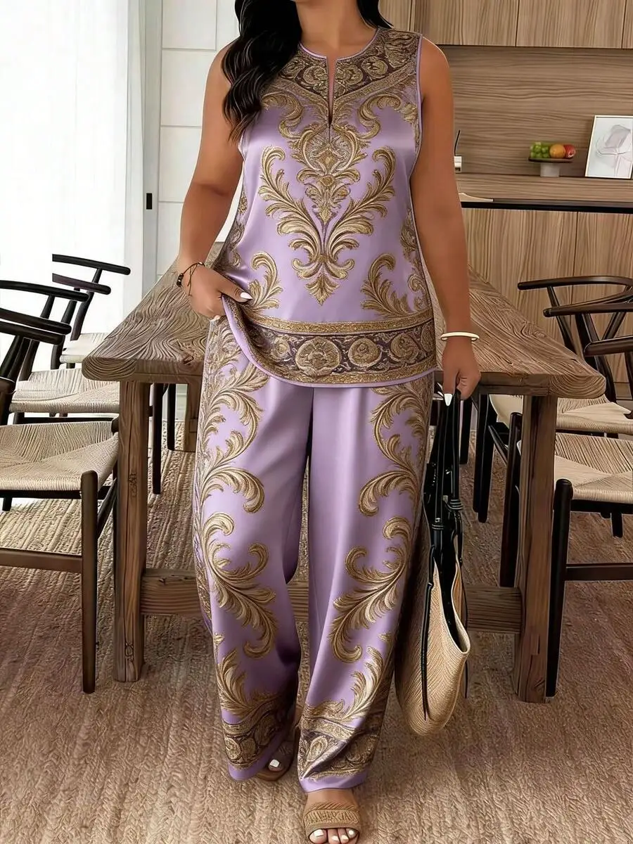 Purple Gold Scroll Pattern Notch Neck Sleeveless Wide Leg Pants Set Polyester Lightweight Breathable
Purple Gold Scroll Pattern Notch Neck Sleeveless Wide Leg Pants Set Polyester Lightweight Breathable