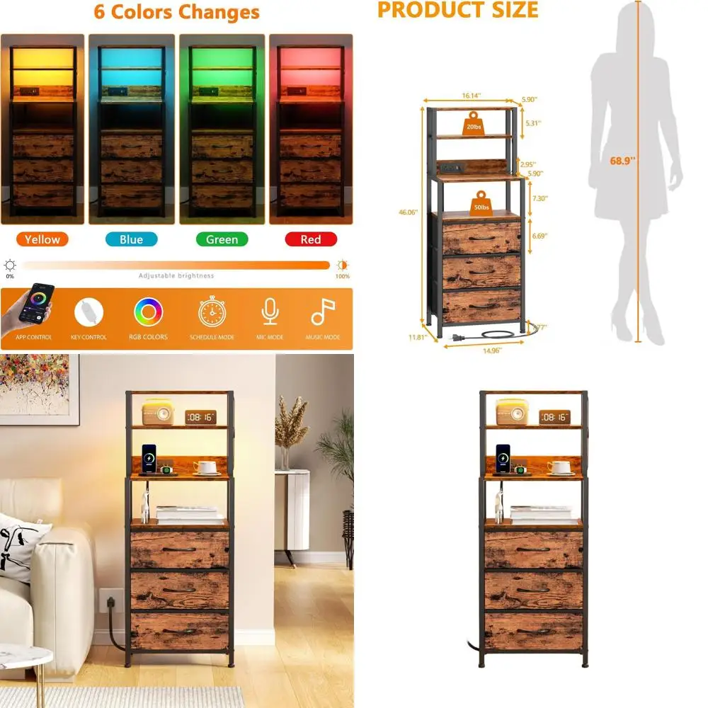 4-Tier Shelf & 3 Drawer Tall Nightstand with LED, Charging Station, Rustic Brown
4-Tier Shelf & 3 Drawer Tall Nightstand with LED, Charging Station, Rustic Brown