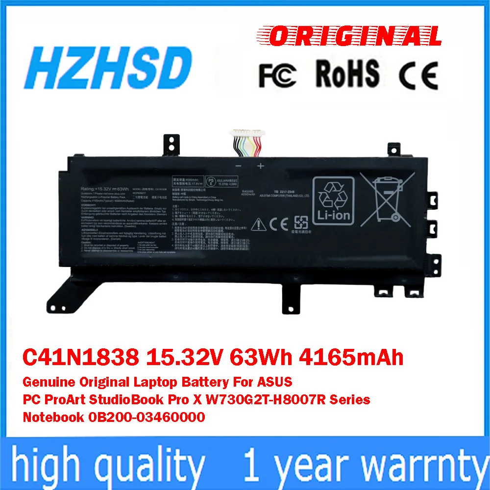 C41N1838 15.32V 63Wh 4165mAh Genuine Original Laptop Battery For ASUS PC ProArt StudioBook Pro X W730G2T-H8007R Series Notebook
C41N1838 15.32V 63Wh 4165mAh Genuine Original Laptop Battery For ASUS PC ProArt StudioBook Pro X W730G2T-H8007R Series Notebook