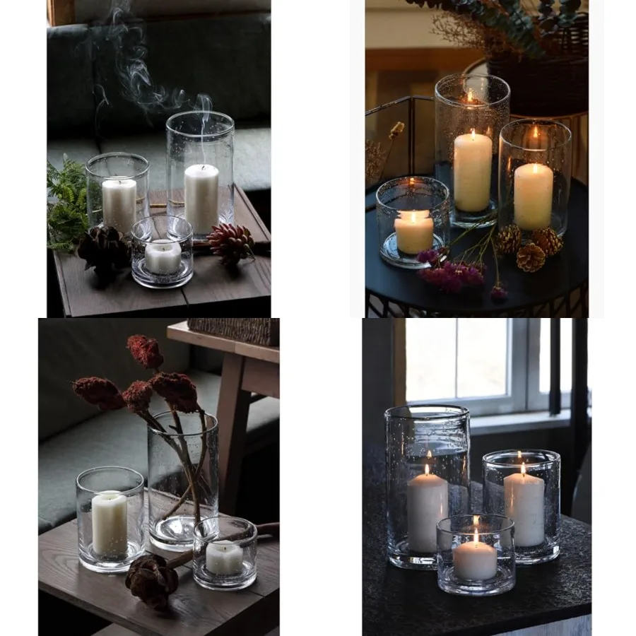 Hand Blown Glass Hurricane Candle Holders for Pillar Candles, Clear Seeded Bubbles Cylinder Vases, Table Centerpiece Decor for Living Dining Kitchen Island, Set of 3 (10", 7", 4")
Hand Blown Glass Hurricane Candle Holders for Pillar Candles, Clear Seeded Bubbles Cylinder Vases, Table Centerpiece Decor for Living Dining Kitchen Island, Set of 3 (10", 7", 4")