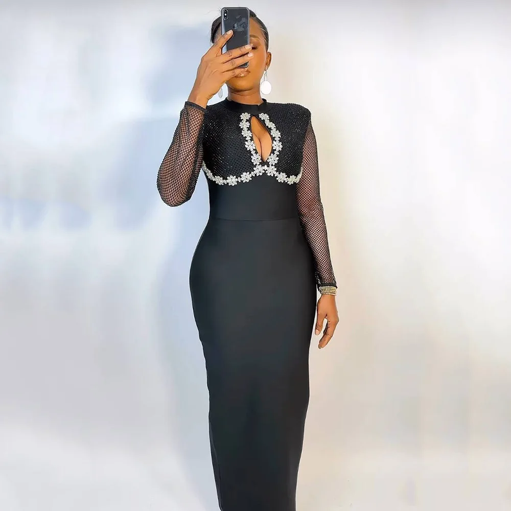 European and American New Luxury Long-sleeved Mesh Drill Splicing Hollow Bandage Dress Socialite Banquet Party Evening Dress
European and American New Luxury Long-sleeved Mesh Drill Splicing Hollow Bandage Dress Socialite Banquet Party Evening Dress
