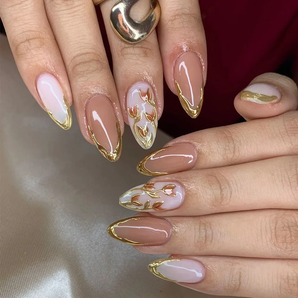 24pcs 3D Gold Press on Nails with Sticky Tabs Medium-Short Almond Beautiful false Nails with Glue Fake Nails Prosthetic Nail Set
24pcs 3D Gold Press on Nails with Sticky Tabs Medium-Short Almond Beautiful false Nails with Glue Fake Nails Prosthetic Nail Set