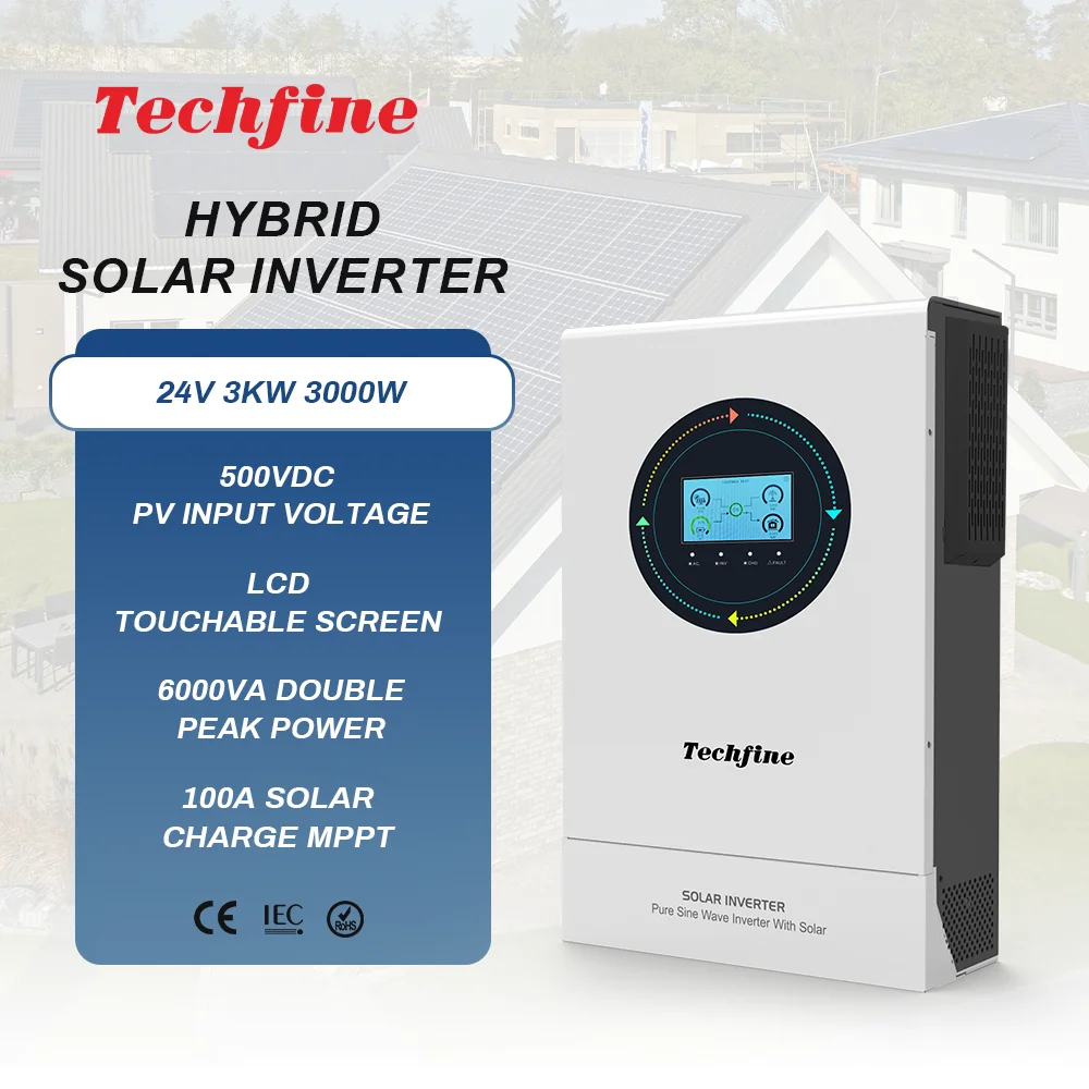 Techfine 3KW 3000W 48V 24v DC 220/230V Dual AC Pure Sine Wave Solar Inverter 100A MPPT On/Off Grid Solar Hybrid Inverter
Techfine 3KW 3000W 48V 24v DC 220/230V Dual AC Pure Sine Wave Solar Inverter 100A MPPT On/Off Grid Solar Hybrid Inverter