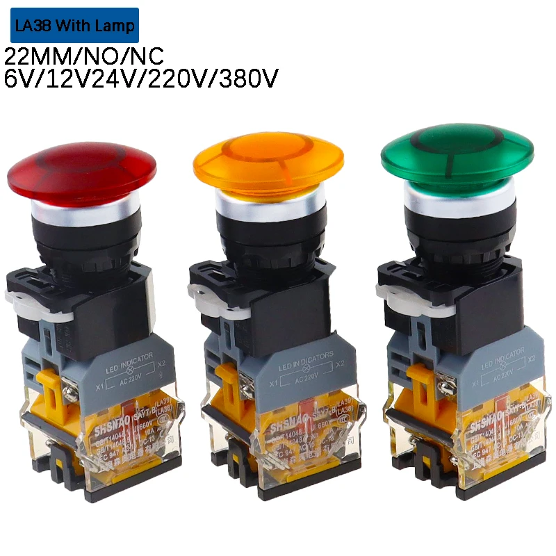 22mm LA38 illuminated Pushbutton Switch Self-Locking Reset Flat Head Jog Switch 24 220V Red Green Start Mushroom Knob With light
22mm LA38 illuminated Pushbutton Switch Self-Locking Reset Flat Head Jog Switch 24 220V Red Green Start Mushroom Knob With light