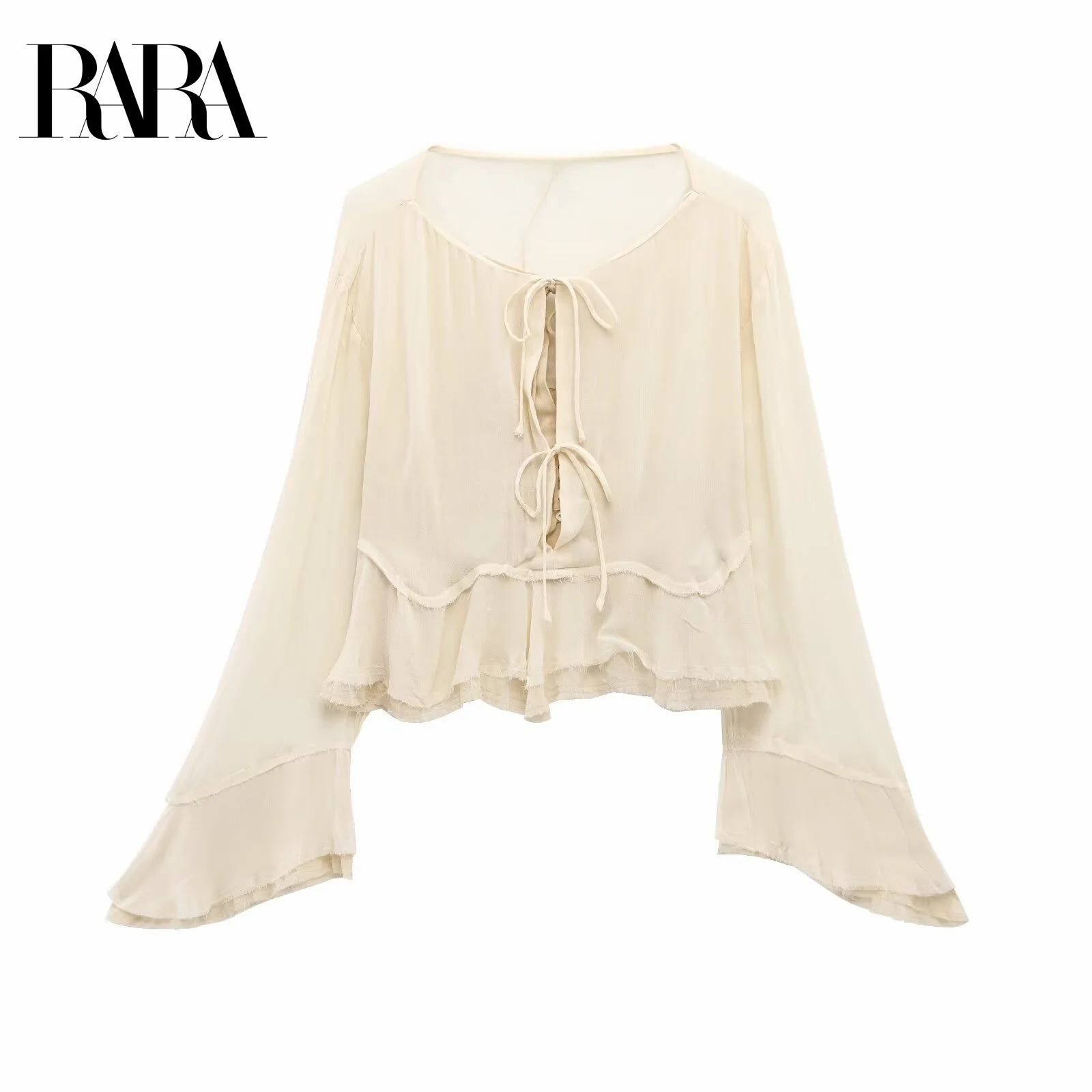 RARA Womens Bell - Sleeve Long - Sleeve Chiffon Blouse with Ruffled Hem Tie Decoration and Layered Faux - Two - Piece Design
RARA Womens Bell - Sleeve Long - Sleeve Chiffon Blouse with Ruffled Hem Tie Decoration and Layered Faux - Two - Piece Design