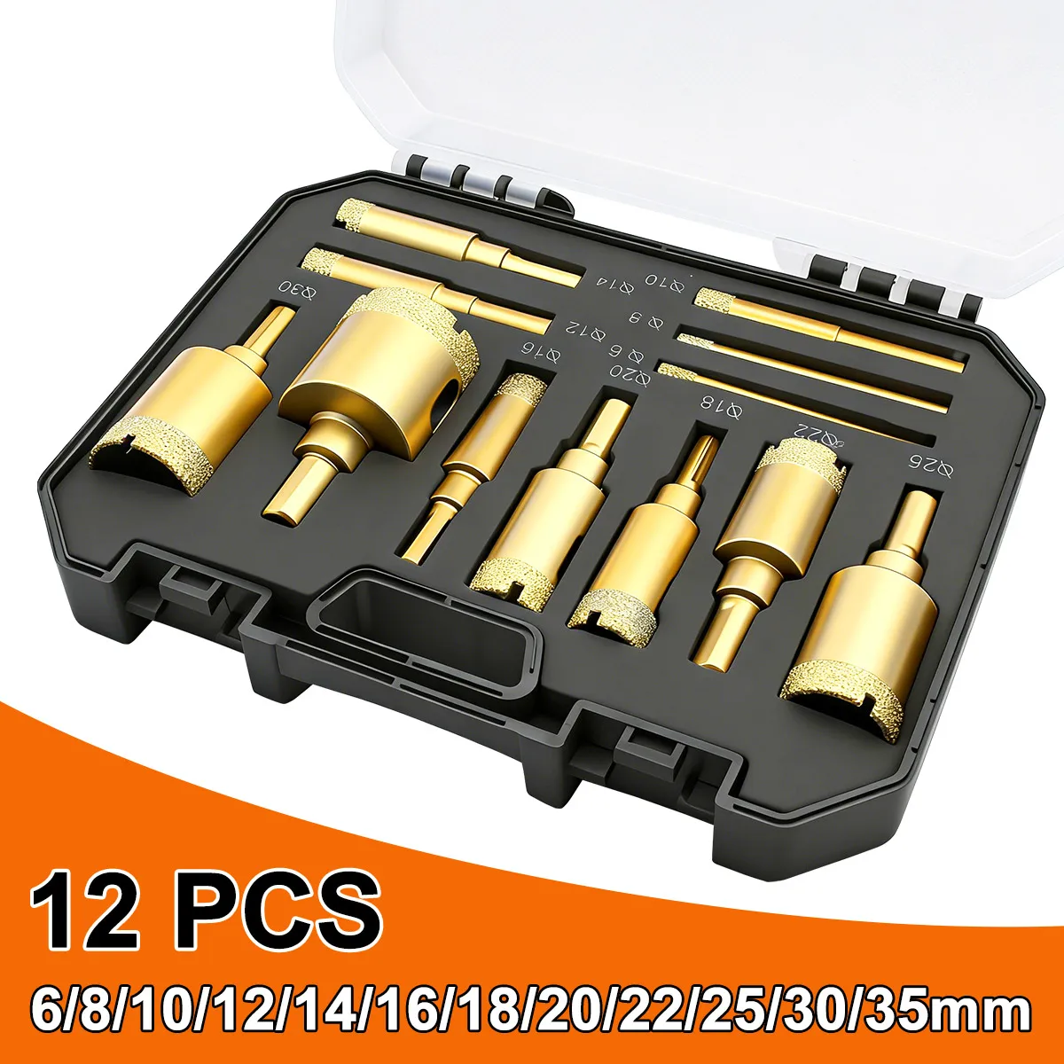 12Pcs 6-35mm Vacuum Brazed Diamond Drill Bit Set, Gold Plated Tile Hole Saw Kit for Marble, Granite, Glass & Ceramic Drilling
12Pcs 6-35mm Vacuum Brazed Diamond Drill Bit Set, Gold Plated Tile Hole Saw Kit for Marble, Granite, Glass & Ceramic Drilling