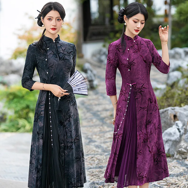 Элегантное китайское платье Cheongsam, женское платье в винтажном стиле, свадебное платье для чаепития, бархатное бамбуковое платье с принтом в китайском стиле, платье Aodai
Элегантное китайское платье Cheongsam, женское платье в винтажном стиле, свадебное платье для чаепития, бархатное бамбуковое платье с принтом в китайском стиле, платье Aodai