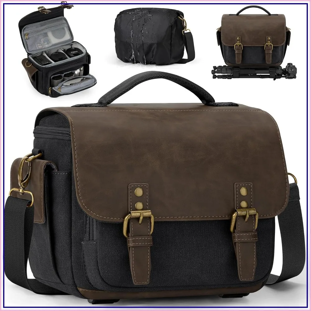 Vintage Canvas Camera Sling Bag, Waterproof DSLR SLR Mirrorless Crossbody Case for Photographers with Rain Cover & Tripod Holder, Black
Vintage Canvas Camera Sling Bag, Waterproof DSLR SLR Mirrorless Crossbody Case for Photographers with Rain Cover & Tripod Holder, Black