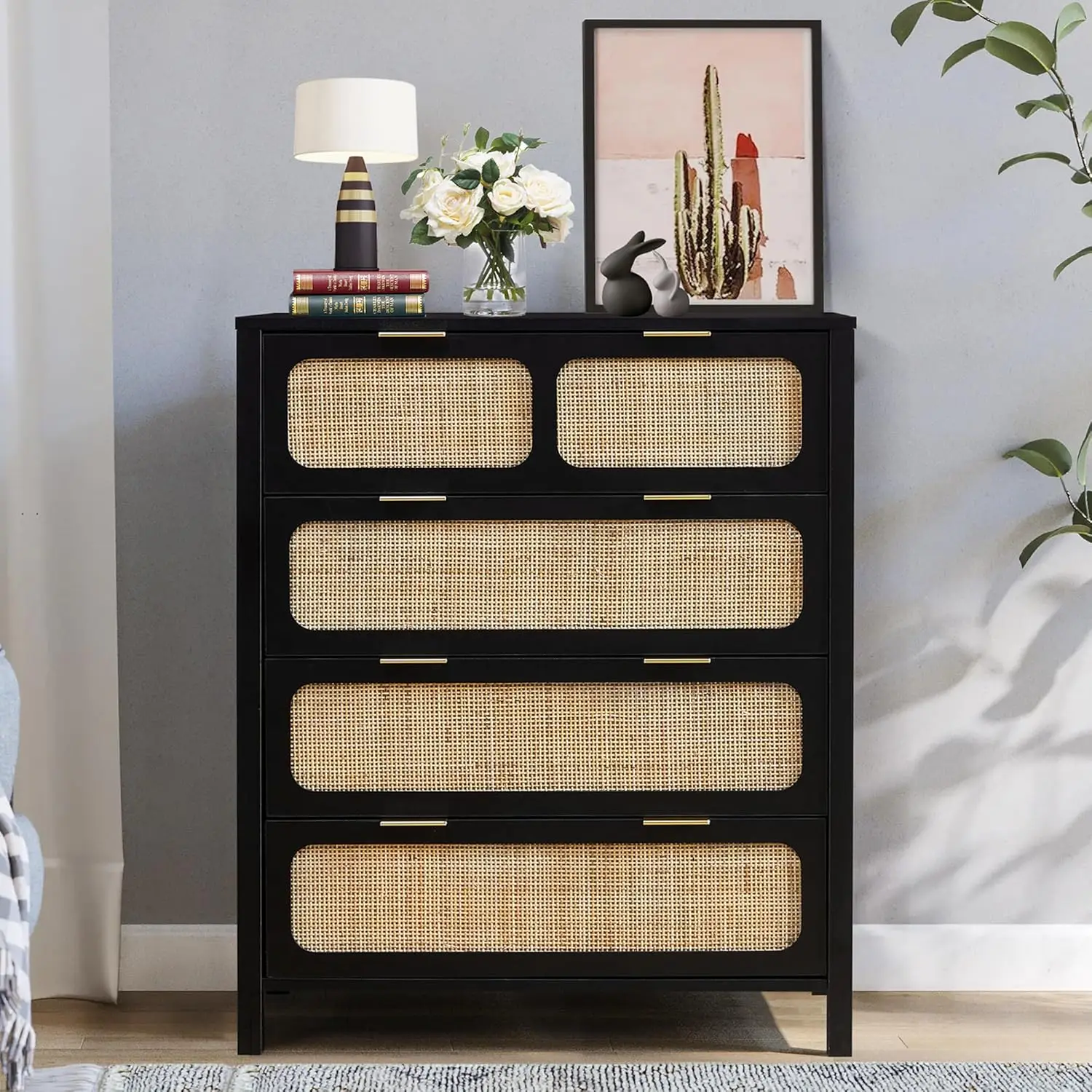 4 Drawer Rattan Dresser Storage Cabinet with Metal Handles Wood Chest for Bedroom Entryway Living Room Hallway Black, Customized
4 Drawer Rattan Dresser Storage Cabinet with Metal Handles Wood Chest for Bedroom Entryway Living Room Hallway Black, Customized