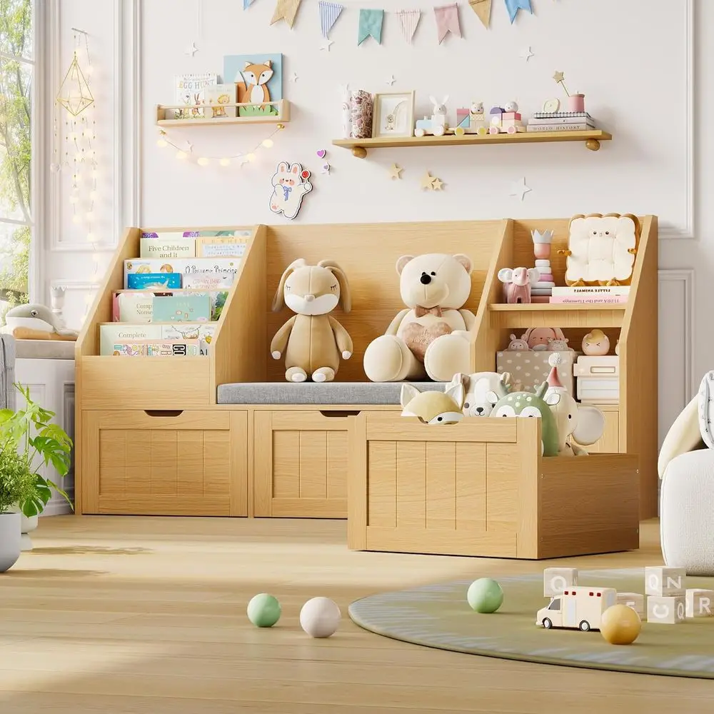 Children's Bookshelf with Reading Nook, Storage Organizer, Seat Cushion, and 3 Moveable Desks, Ideal for Playroom, Bedroom in Na
Children's Bookshelf with Reading Nook, Storage Organizer, Seat Cushion, and 3 Moveable Desks, Ideal for Playroom, Bedroom in Na
