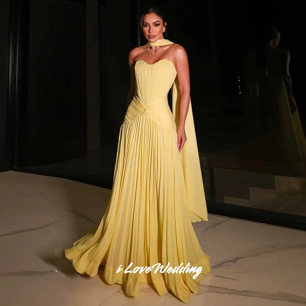 Yellow Sweetheart Prom Dress Chiffon Sleeveless Backless A-Line Shawl Saudi Arabia Floor-Length Dubai Pleated Modern Customized
Yellow Sweetheart Prom Dress Chiffon Sleeveless Backless A-Line Shawl Saudi Arabia Floor-Length Dubai Pleated Modern Customized