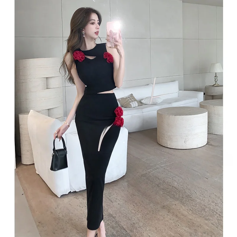 Sexy Black Lace Hollow out Sleeveless Top And High Slit Skirt Two Piece Set for Young Women Floral 3D Print Summer Outfit
Sexy Black Lace Hollow out Sleeveless Top And High Slit Skirt Two Piece Set for Young Women Floral 3D Print Summer Outfit